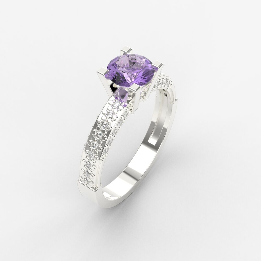 Prsten model 10 od belog zlata sa ametistom i cirkonima