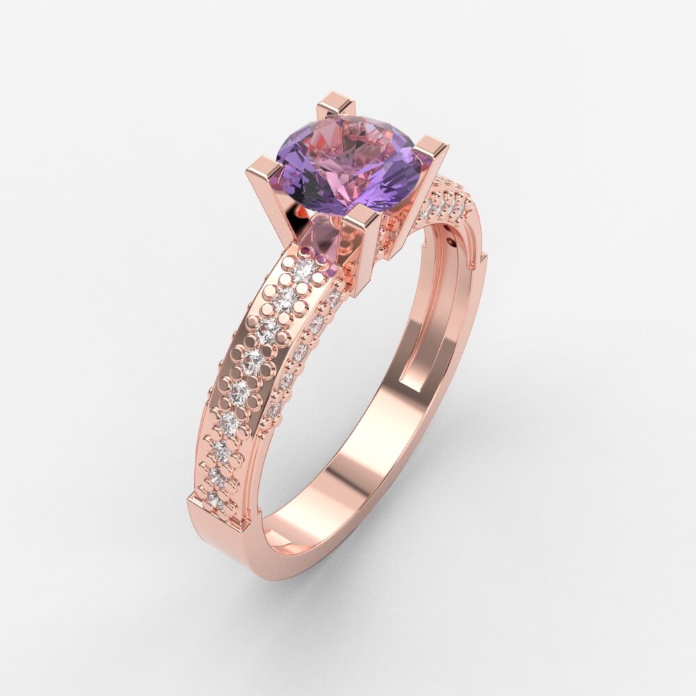 Prsten model 10 od roze zlata sa ametistom i cirkonima