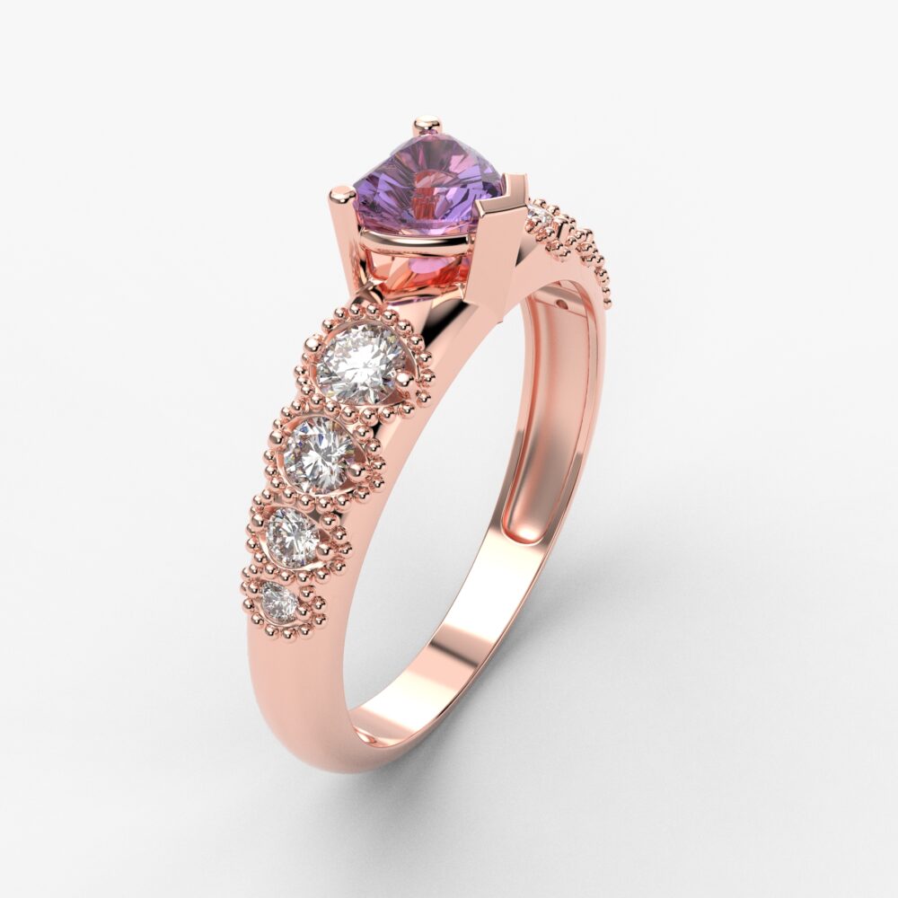 Prsten model 103 od roze zlata sa ametistom i cirkonima