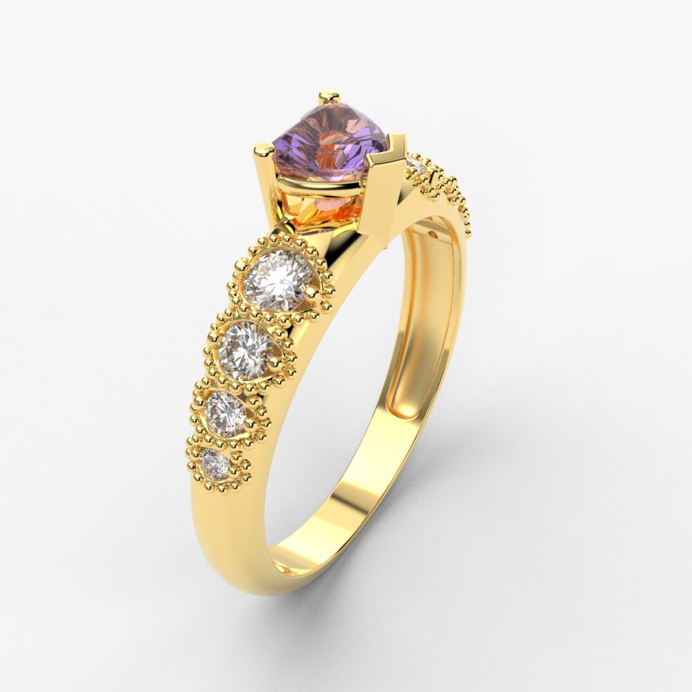 Prsten model 103 od žutog zlata sa ametistom i cirkonima