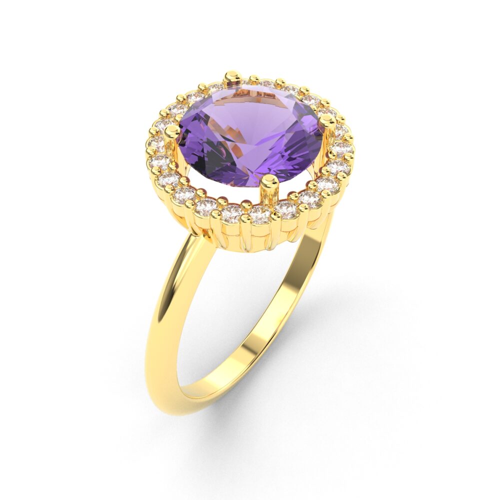 Prsten model 12 od žutog zlata sa ametistom i brilijantima