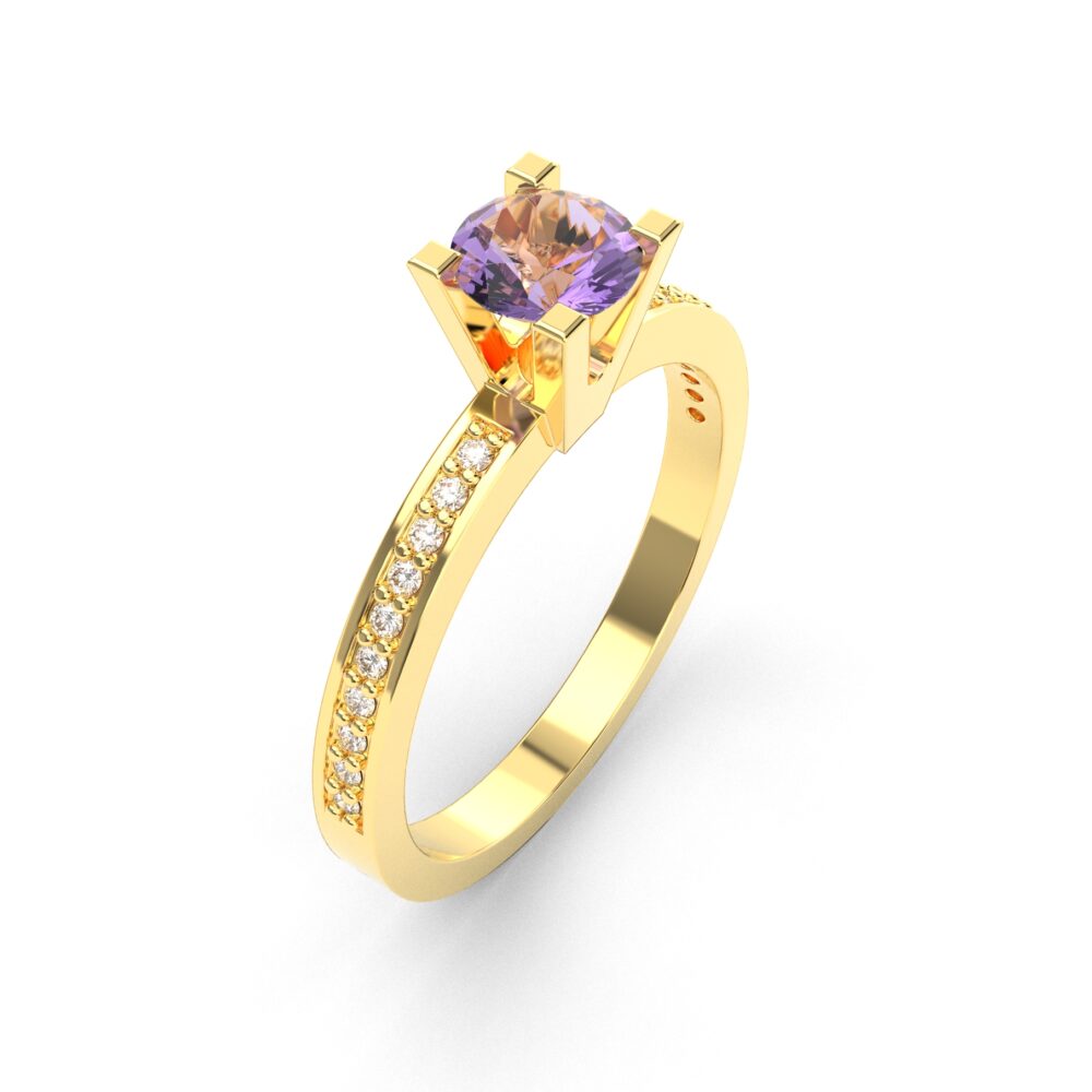 Prsten model 13 od žutog zlata sa ametistom i cirkonima