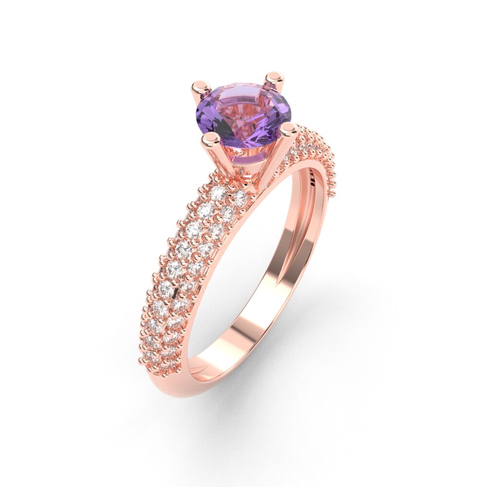 Prsten model 14 od roze zlata sa ametistom i brilijantima