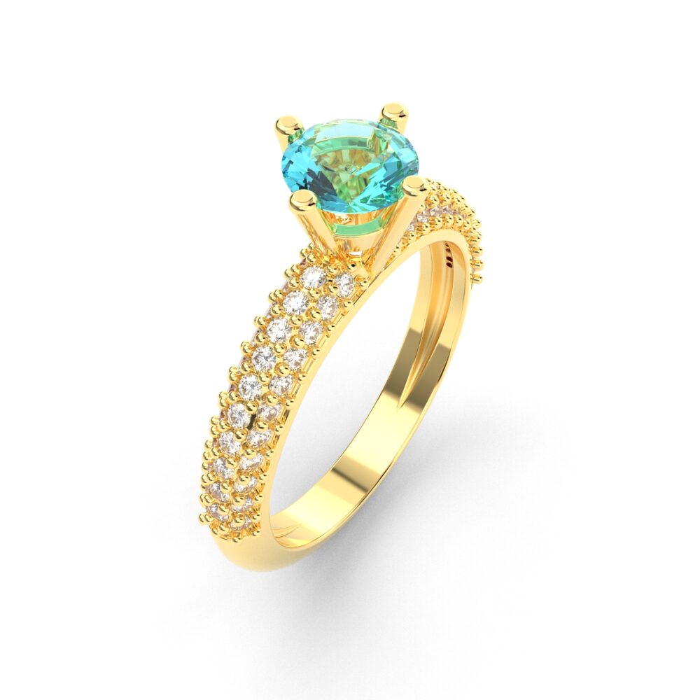 Prsten model 14 od žutog zlata sa akvamarinom i cirkonima