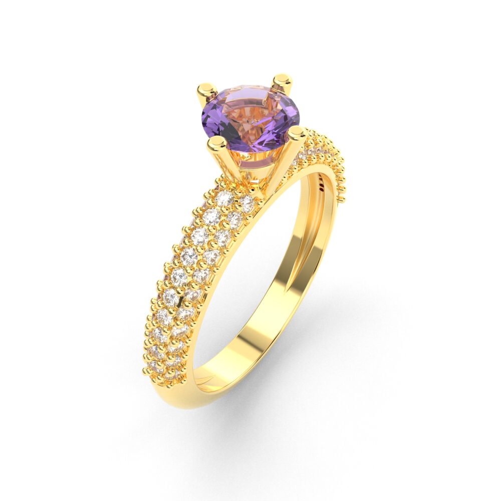 Prsten model 14 od žutog zlata sa ametistom i brilijantima