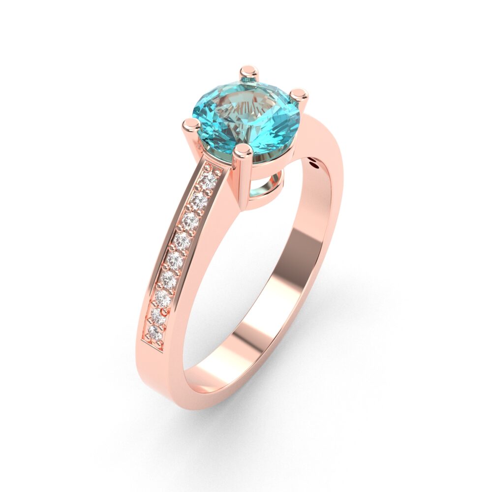 Prsten model 15 od roze zlata sa akvamarinom i brilijantima