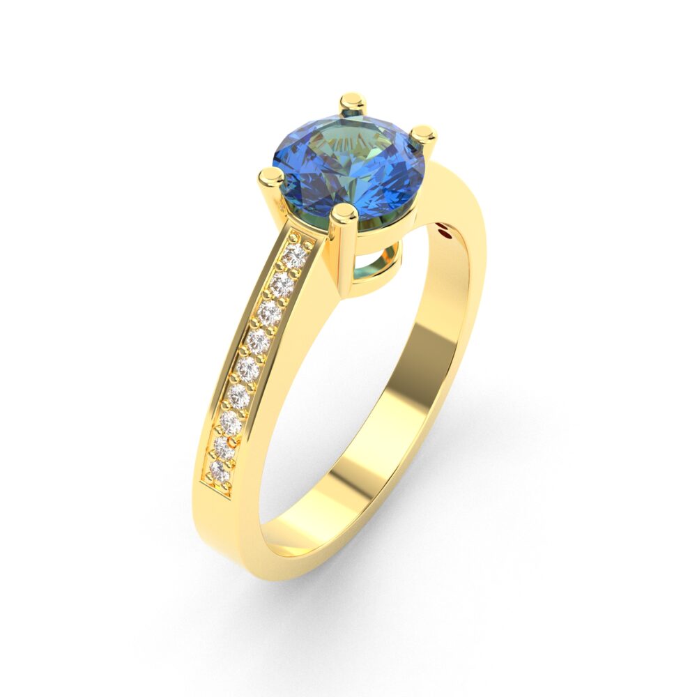 Prsten model 15 od žutog zlata sa plavim topazom i cirkonima