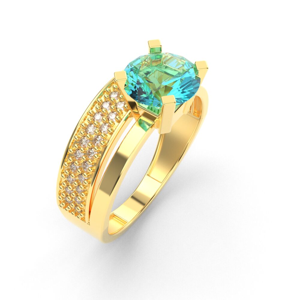 Prsten model 17 od žutog zlata sa akvamarinom i cirkonima