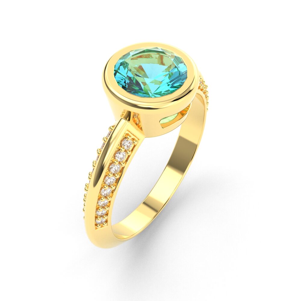 Prsten model 18 od žutog zlata sa akvamarinom i brilijantima