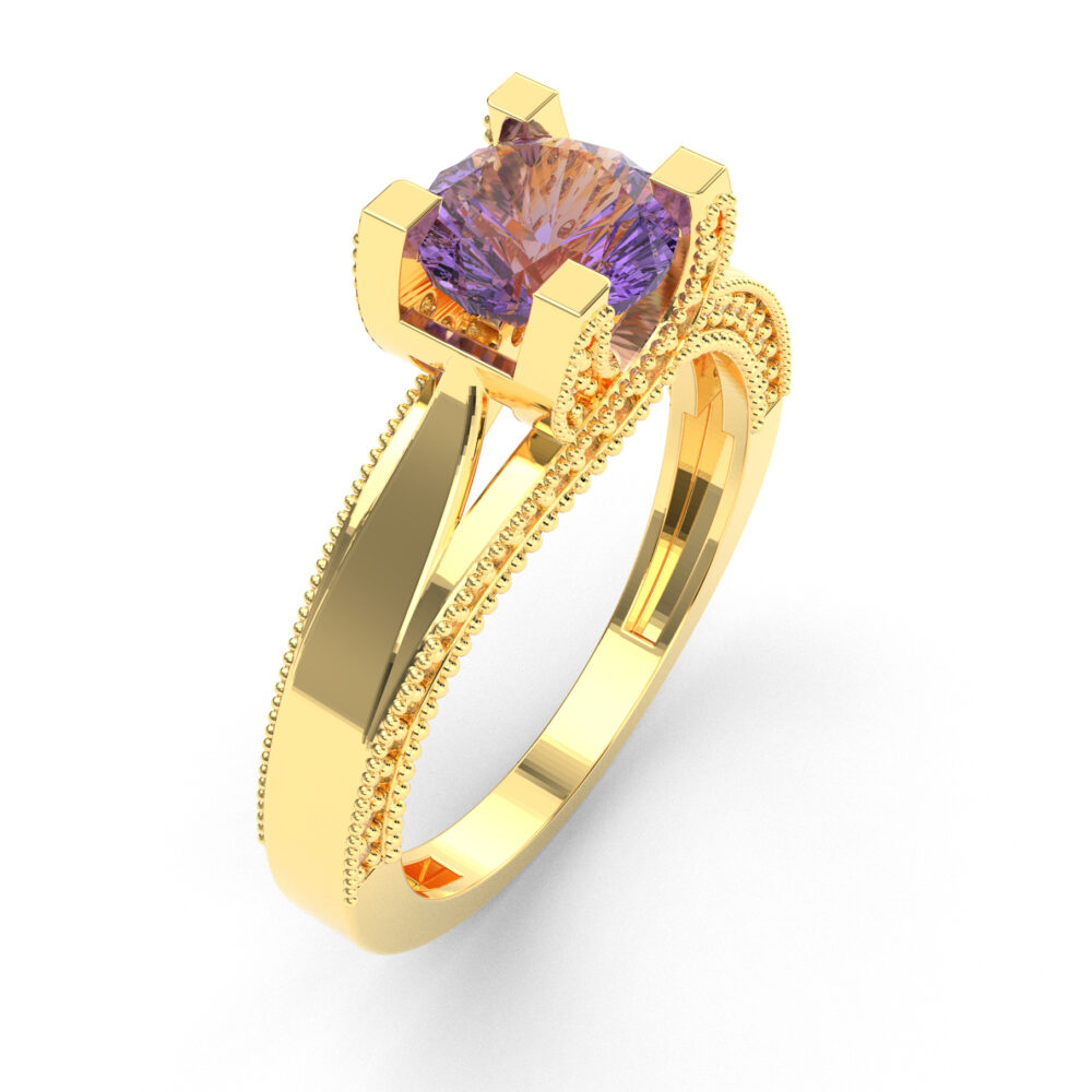 Prsten model 21 od žutog zlata sa ametistom i brilijantima