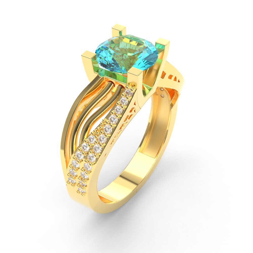 Prsten model 22 od žutog zlata sa akvamarinom i cirkonima