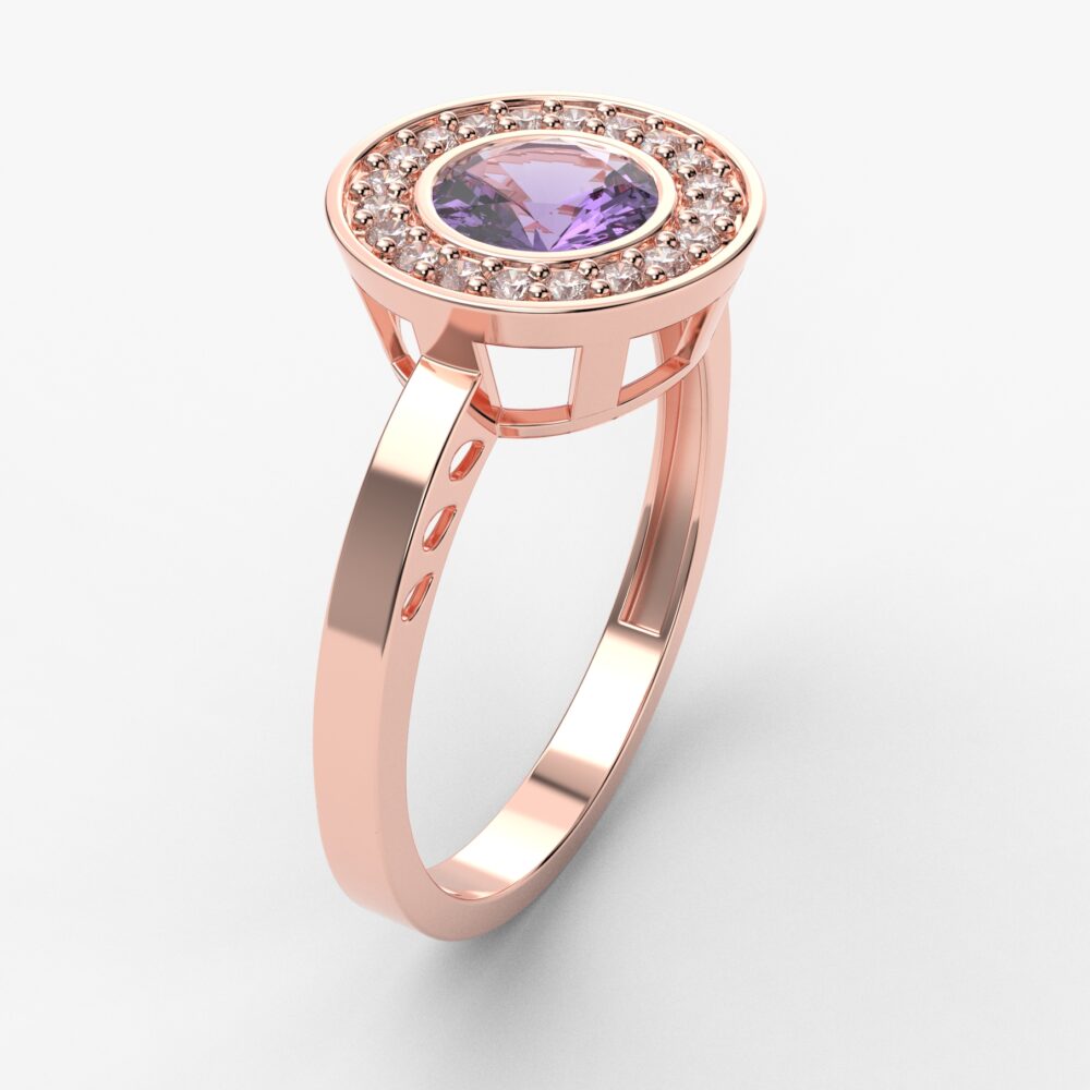 Prsten model 25 od roze zlata sa ametistom i brilijantima