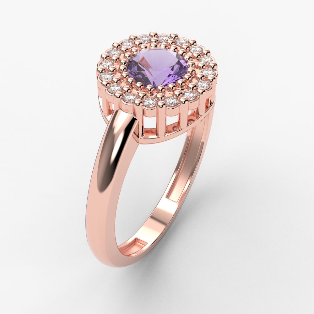 Prsten model 26 od roze zlata sa ametistom i cirkonima