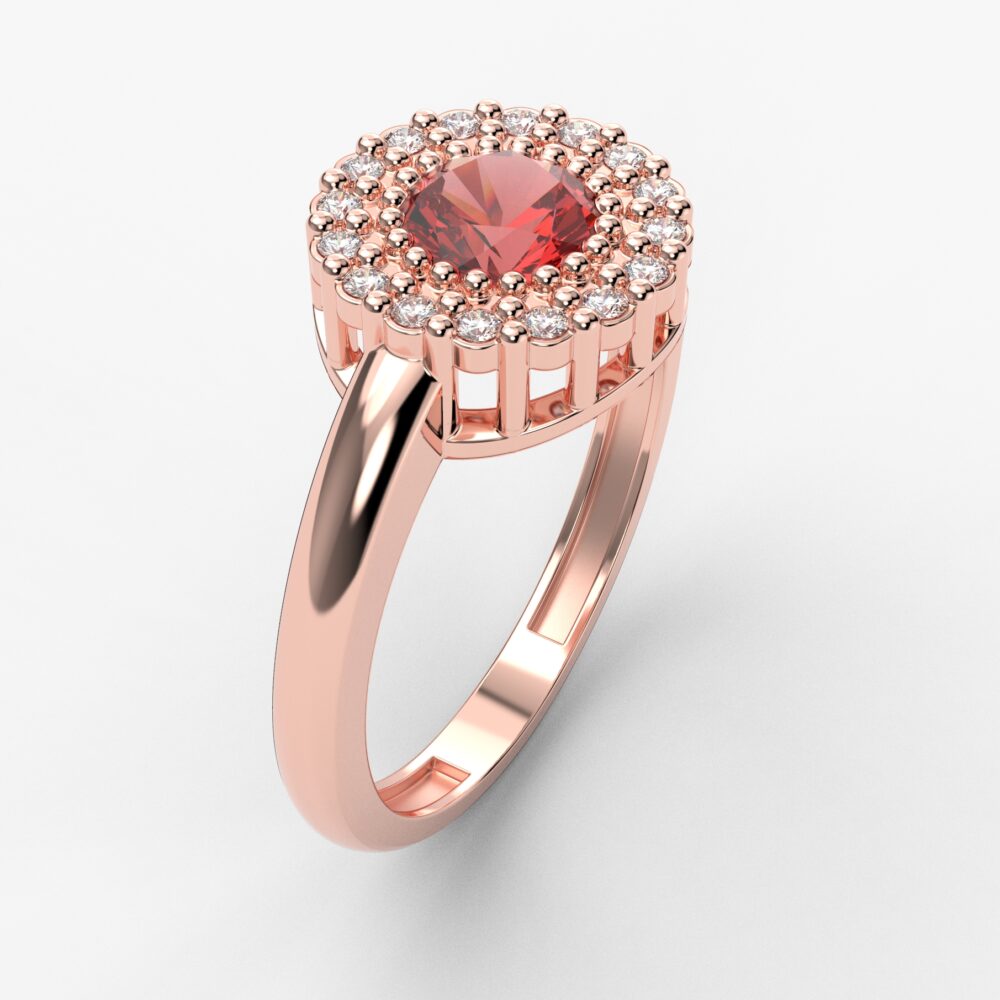Prsten model 26 od roze zlata sa rubinom i brilijantima