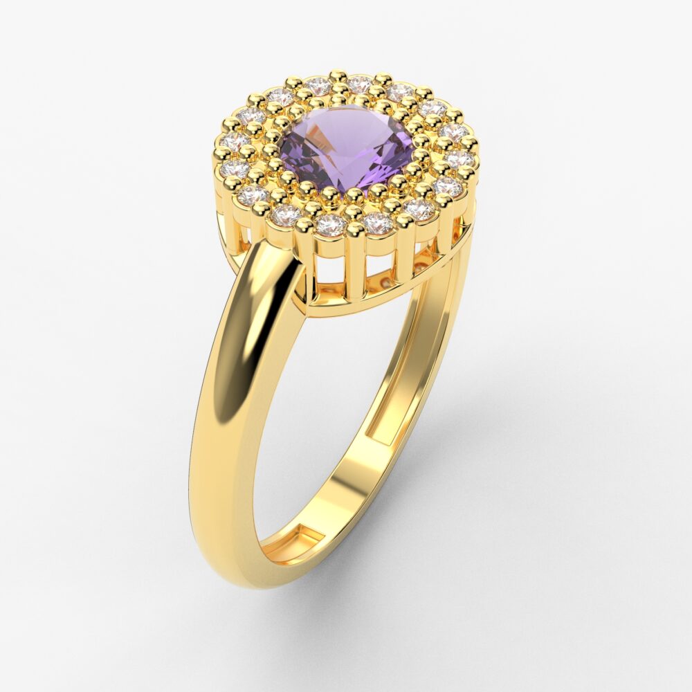 Prsten model 26 od žutog zlata sa ametistom i brilijantima
