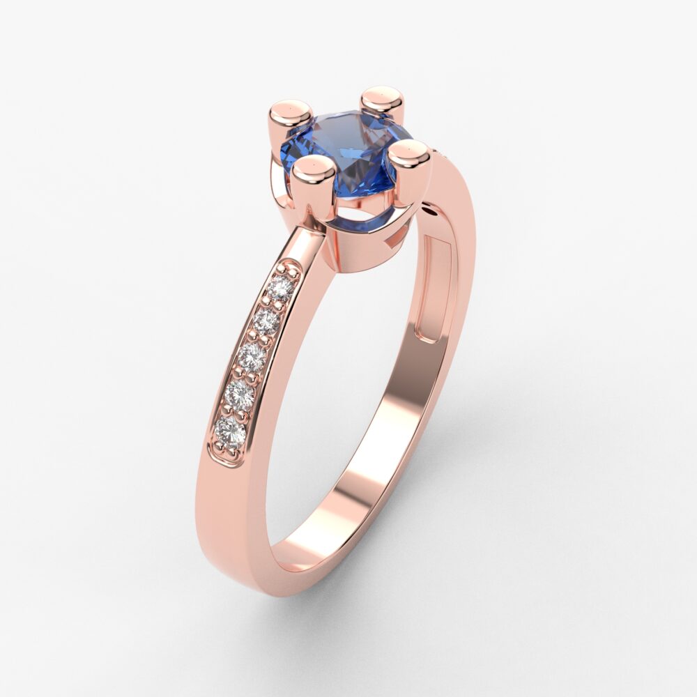 Prsten model 28 od roze zlata sa plavim topazom i brilijantima