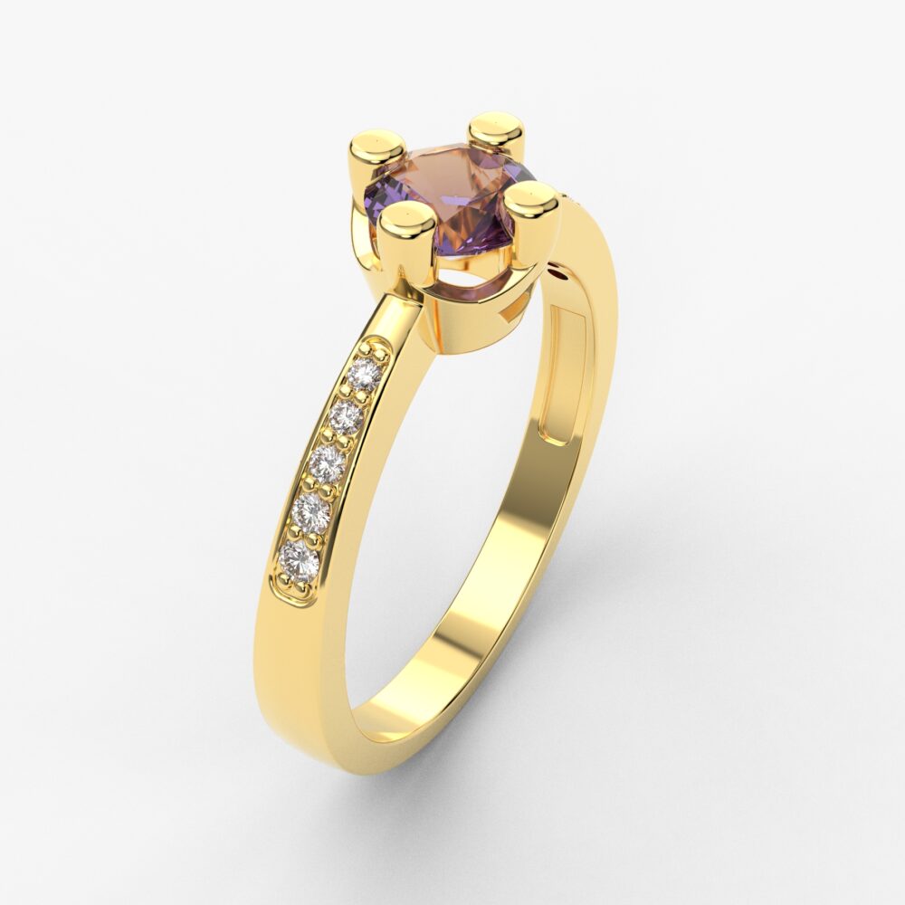 Prsten model 28 od žutog zlata sa ametistom i brilijantima