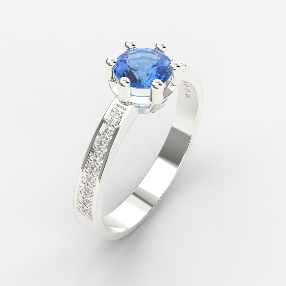Prsten model 3 od belog zlata sa plavim topazom i brilijantima