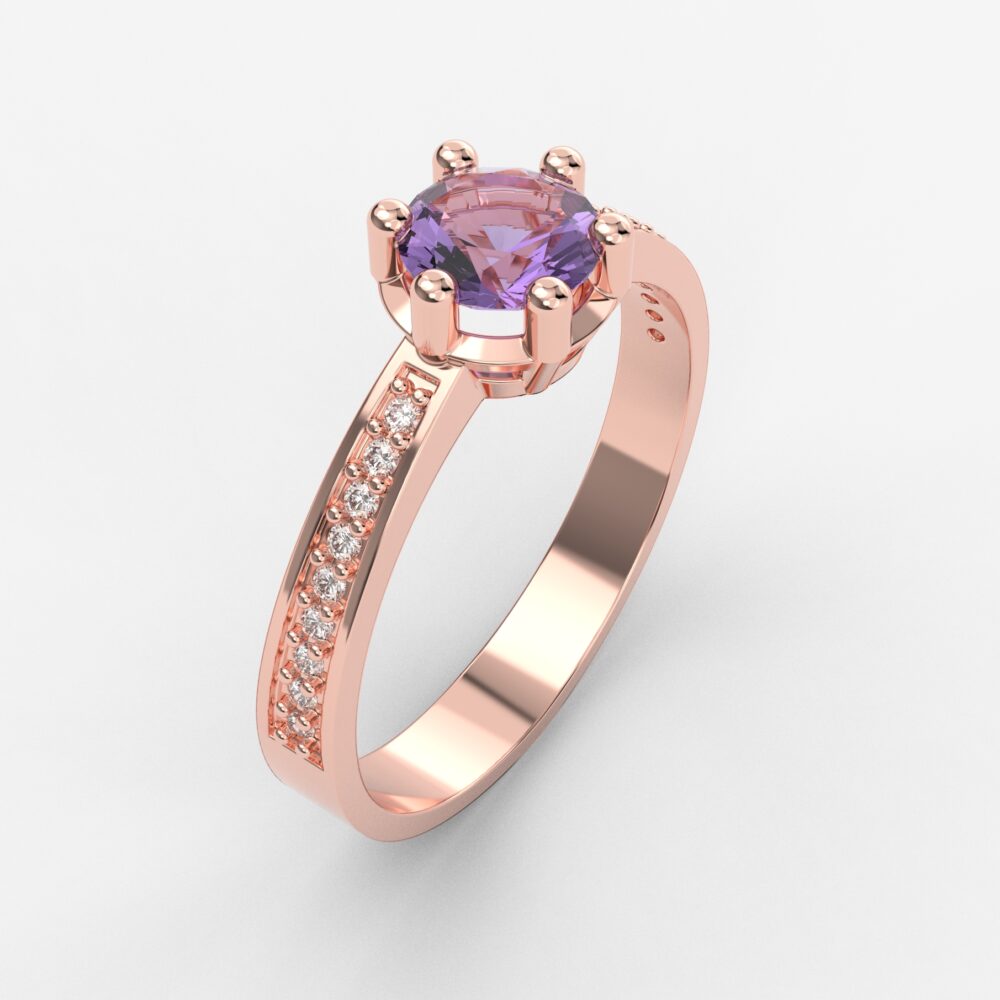 Prsten model 3 od roze zlata sa ametistom i cirkonima