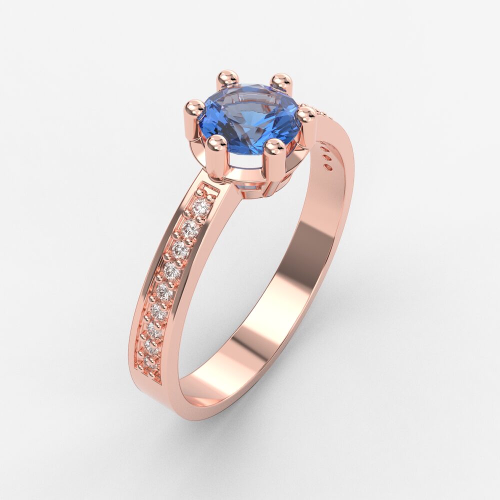 Prsten model 3 od roze zlata sa plavim topazom i brilijantima