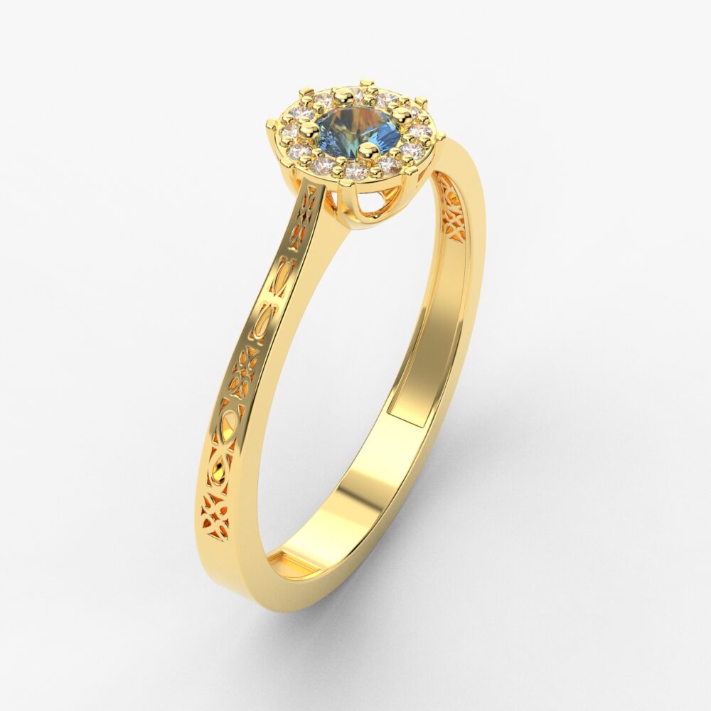 Prsten model 30 od žutog zlata sa plavim topazom i cirkonima