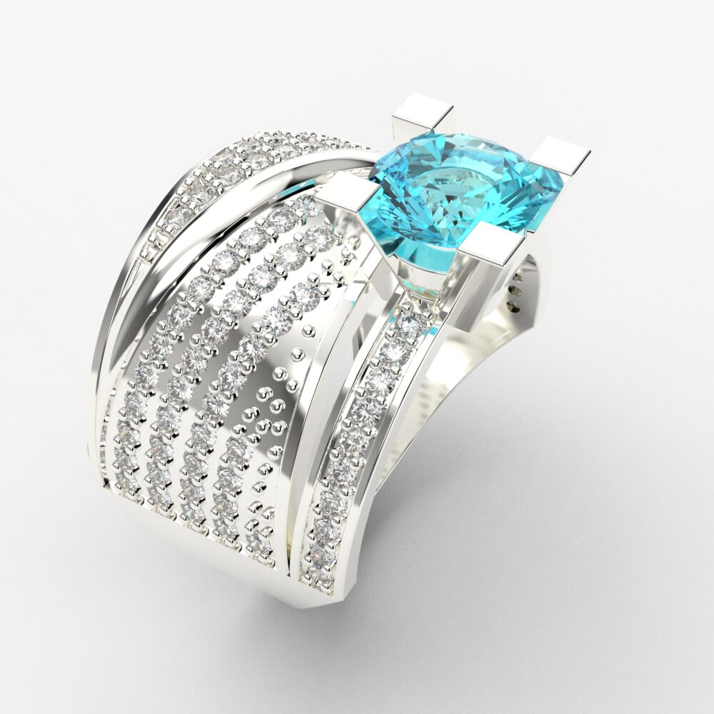 Prsten model 37 od belog zlata sa akvamarinom i brilijantima