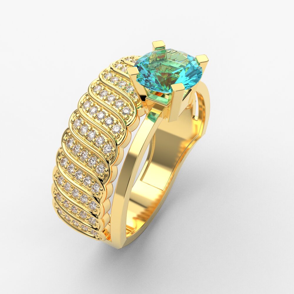 Prsten model 39 od žutog zlata sa akvamarinom i brilijantima