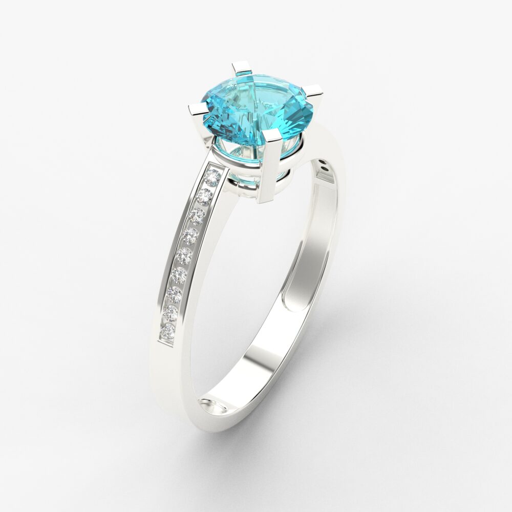 Prsten model 40 od belog zlata sa akvamarinom i cirkonima