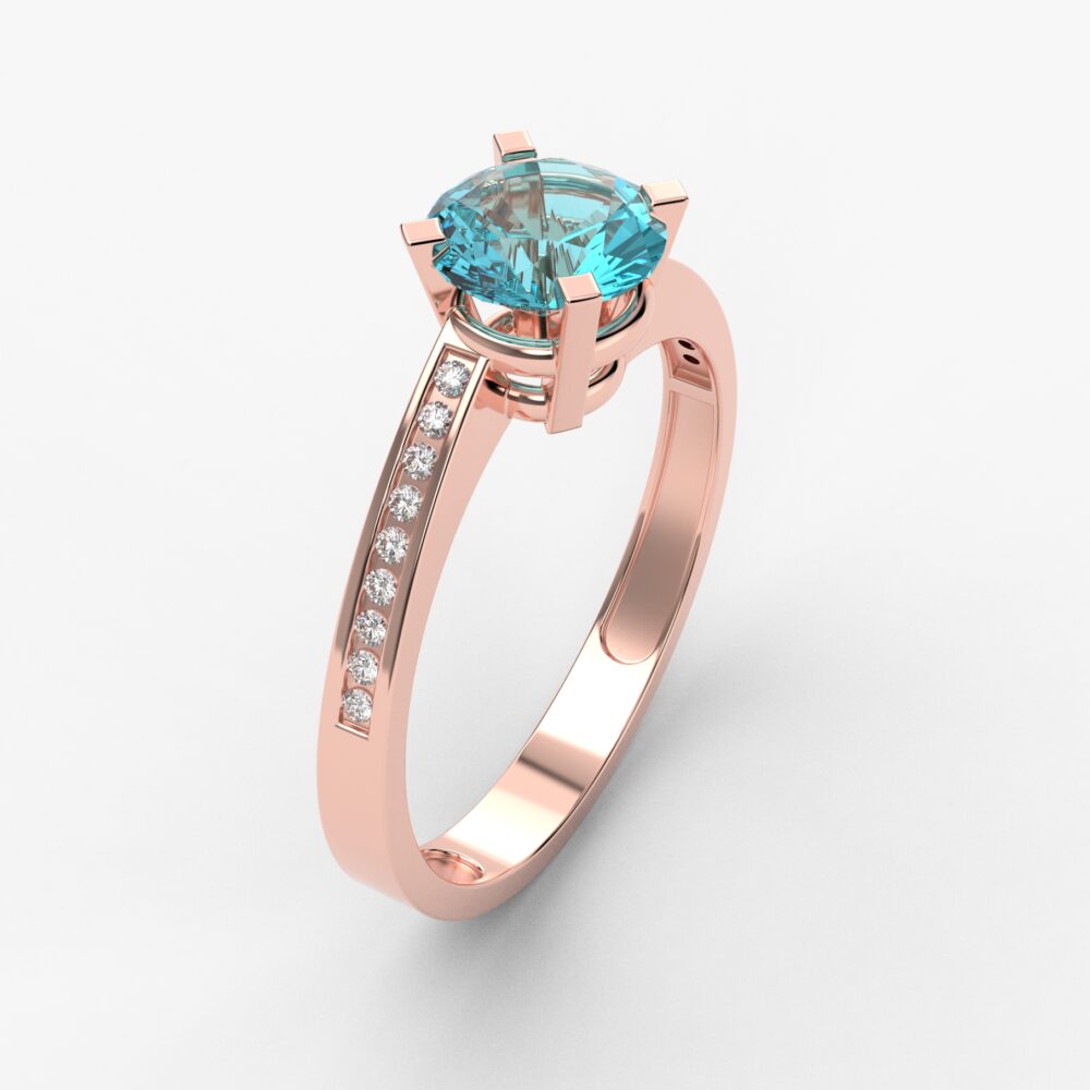 Prsten model 40 od roze zlata sa akvamarinom i brilijantima