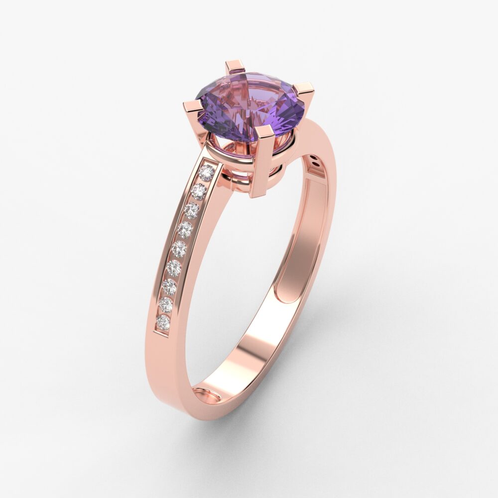 Prsten model 40 od roze zlata sa ametistom i cirkonima