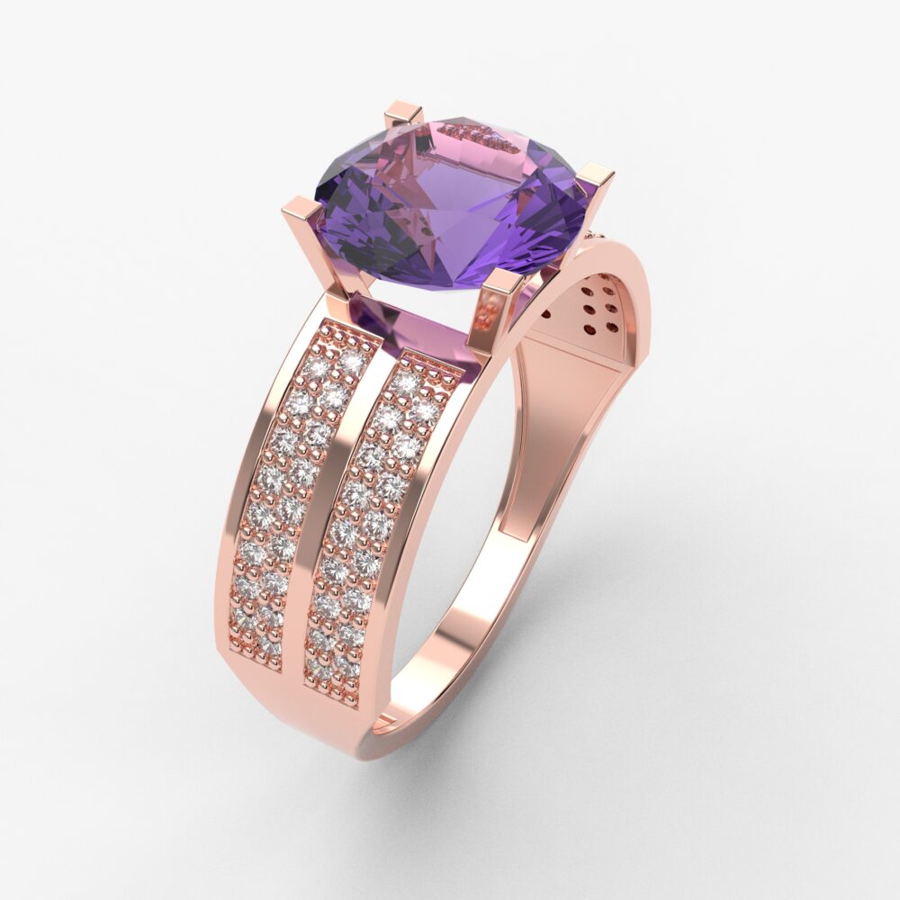 Prsten model 45 od roze zlata sa ametistom i brilijantima