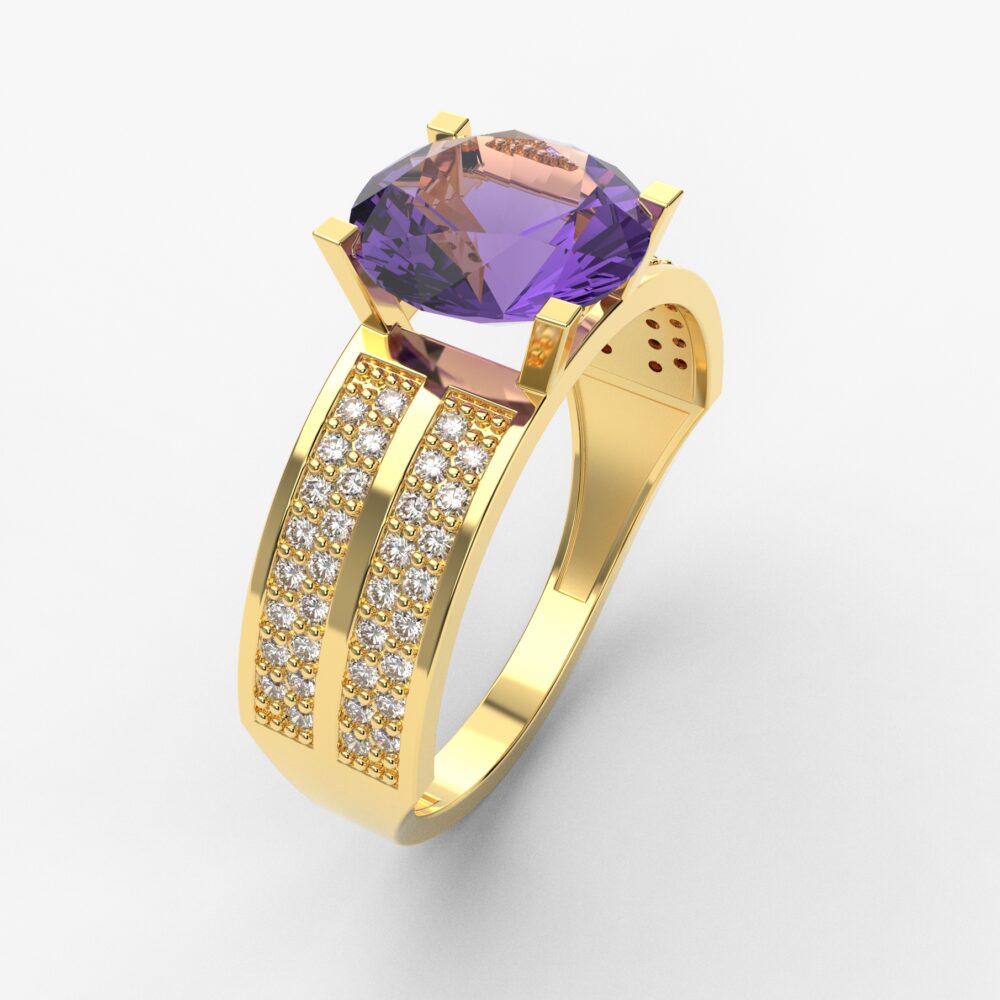 Prsten model 45 od žutog zlata sa ametistom i cirkonima