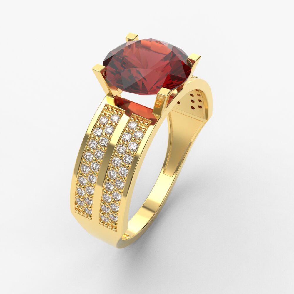 Prsten model 45 od žutog zlata sa granatom i cirkonima