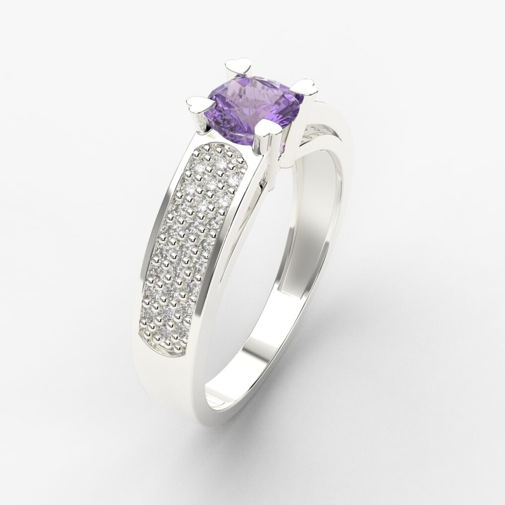 Prsten model 52 od belog zlata sa ametistom i cirkonima