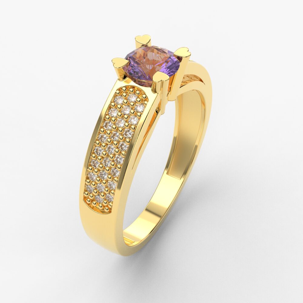 Prsten model 52 od žutog zlata sa ametistom i cirkonima