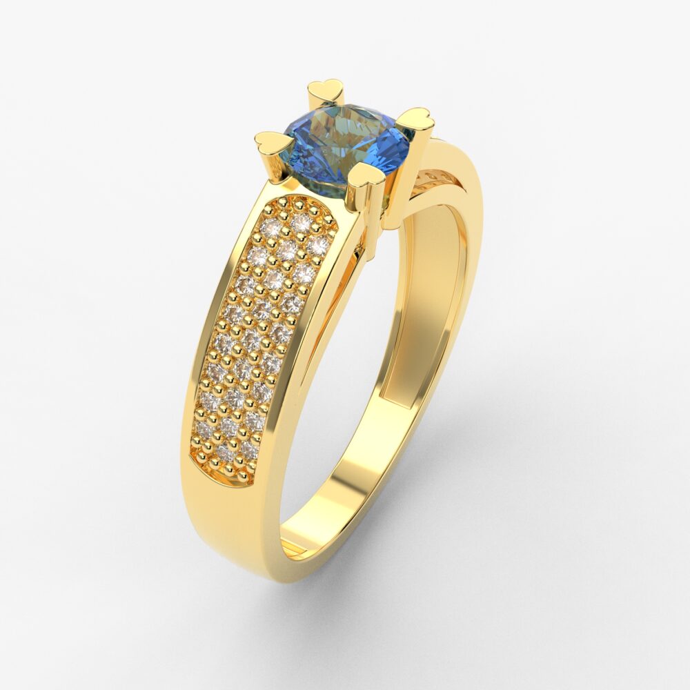 Prsten model 52 od žutog zlata sa plavim topazom i cirkonima