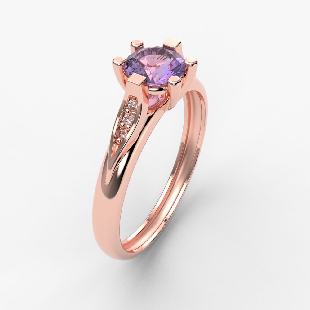 Prsten model 55 od roze zlata sa ametistom i cirkonima