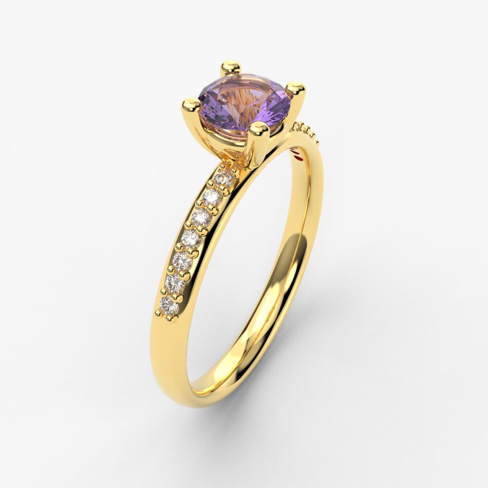 Prsten model 57 od žutog zlata sa ametistom i brilijantima