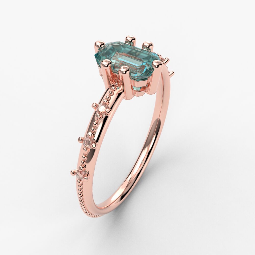 Prsten model 58 od roze zlata sa akvamarinom i brilijantima