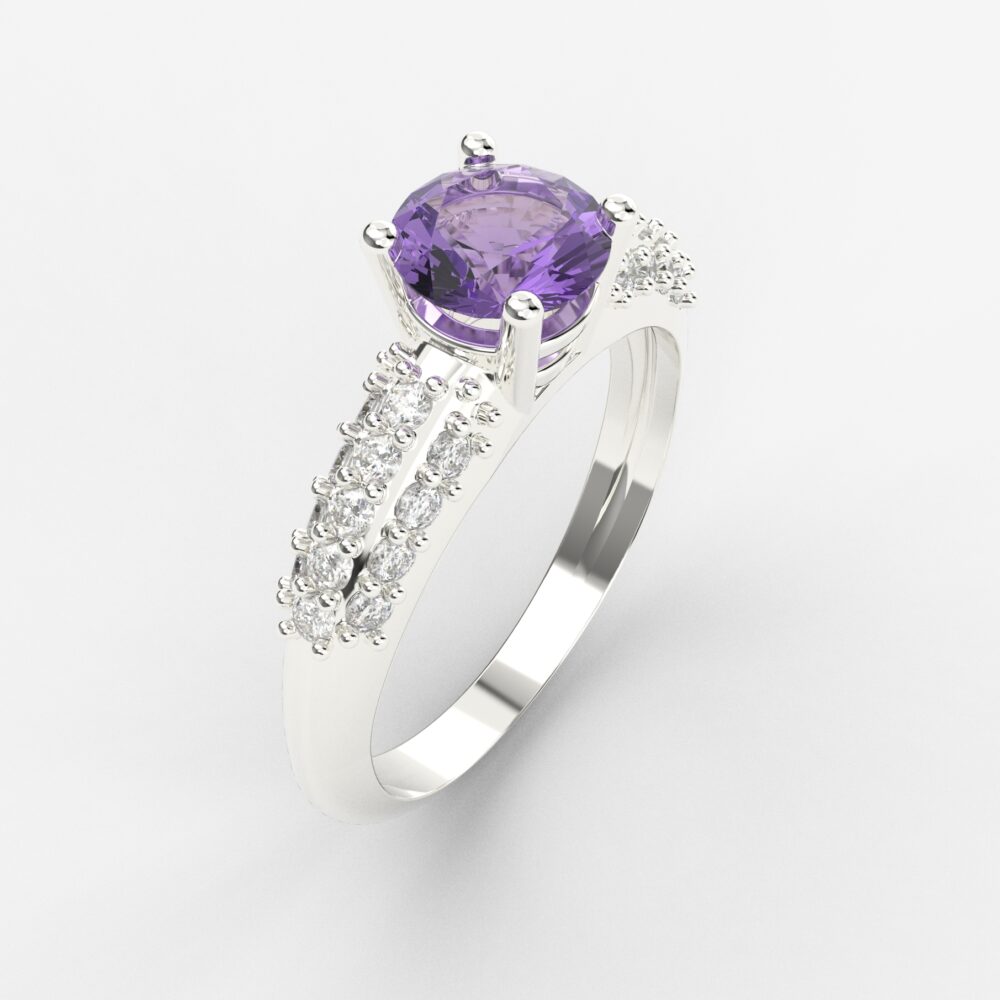 Prsten model 6 od belog zlata sa ametistom i brilijantima