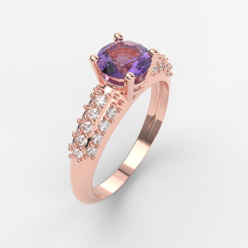 Prsten model 6 od roze zlata sa ametistom i brilijantima
