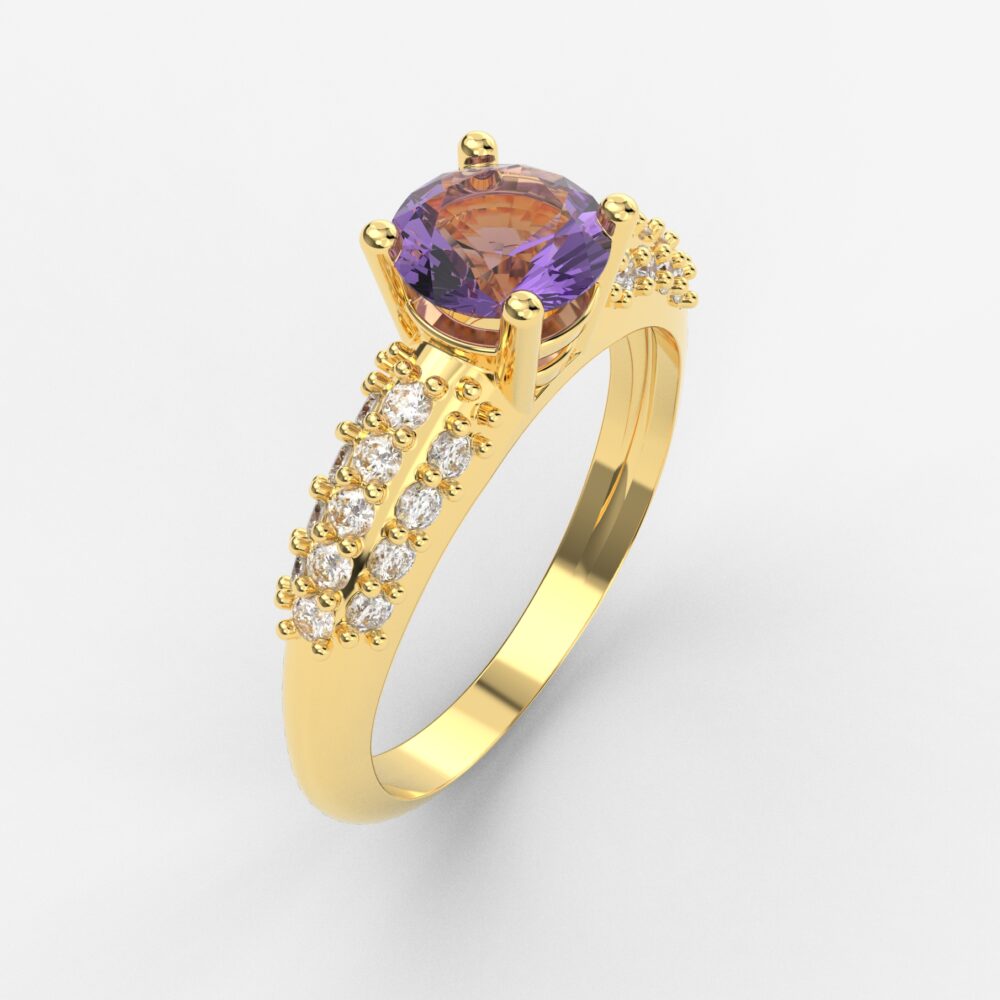 Prsten model 6 od žutog zlata sa ametistom i brilijantima