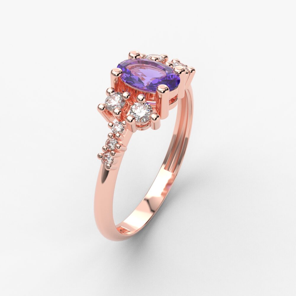 Prsten model 65 od roze zlata sa tanzanitom i brilijantima