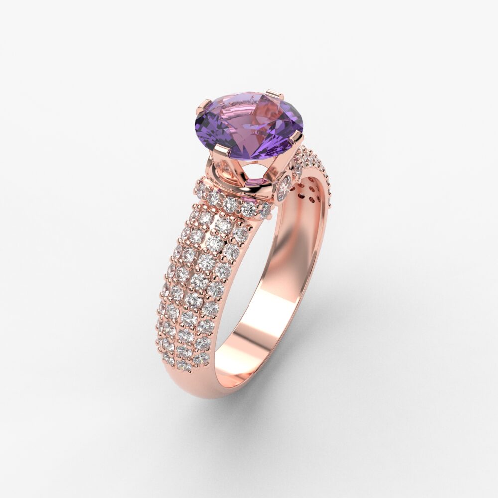 Prsten model 69 od roze zlata sa ametistom i brilijantima