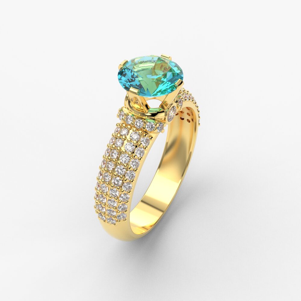 Prsten model 69 od žutog zlata sa akvamarinom i cirkonima