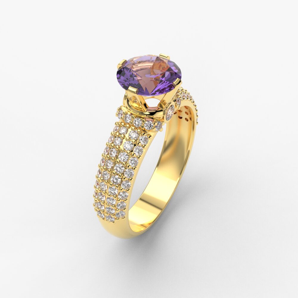 Prsten model 69 od žutog zlata sa ametistom i brilijantima