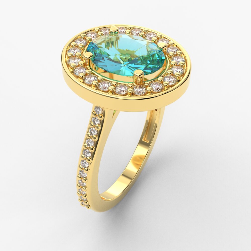 Prsten model 70 od žutog zlata sa akvamarinom i brilijantima