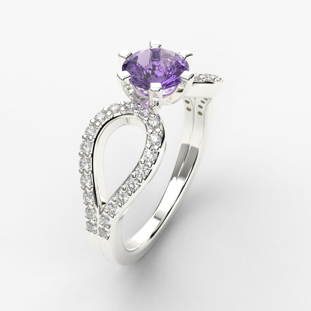 Prsten model 75 od belog zlata sa ametistom i brilijantima