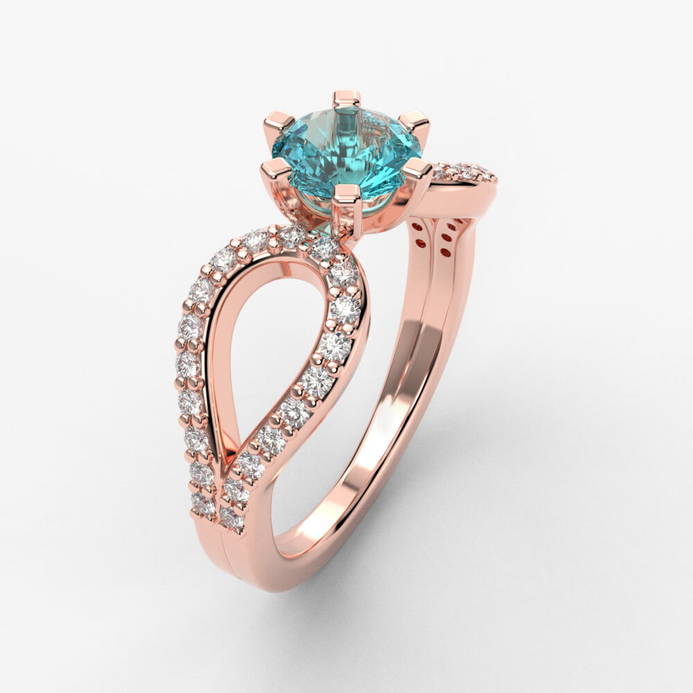 Prsten model 75 od roze zlata sa akvamarinom i brilijantima