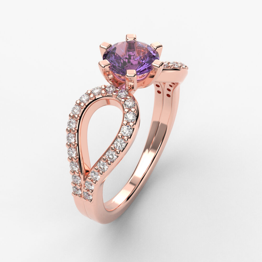 Prsten model 75 od roze zlata sa ametistom i brilijantima